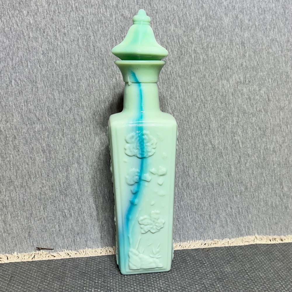 Vintage Slag Glass Decanter Mint Green Blue Marbled Floral Bottle with Stopper